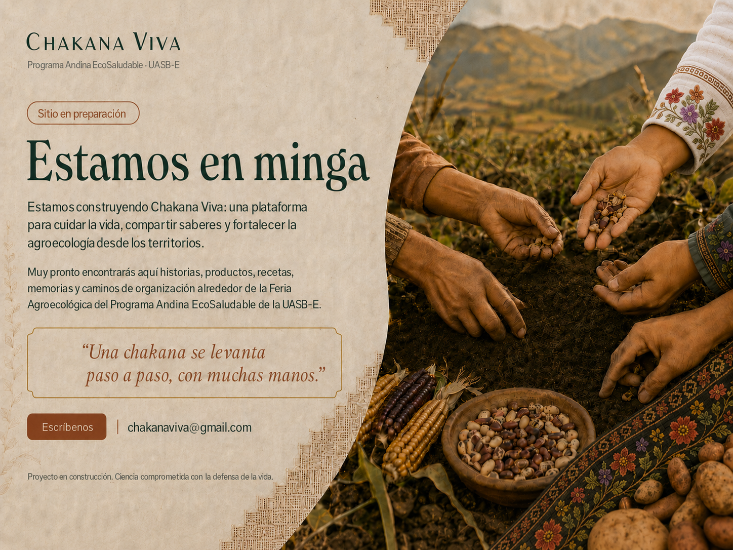 Portada temporal de Chakana Viva con manos adultas compartiendo semillas en un territorio andino y el mensaje Estamos en minga.